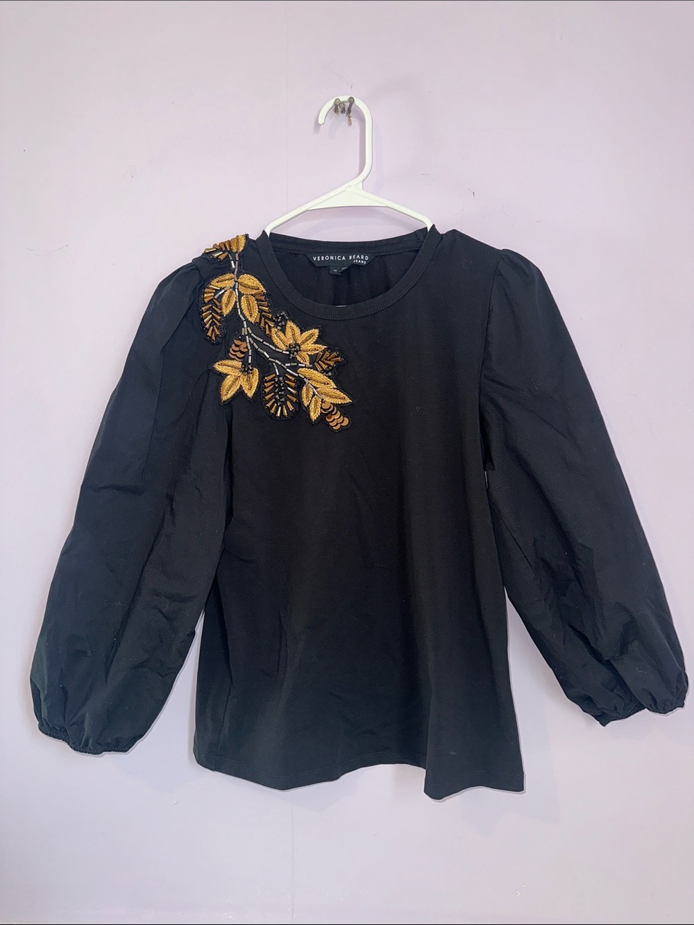 Veronica Beard Black Gold Floral Embroidered Puff Sleeve Blouse M